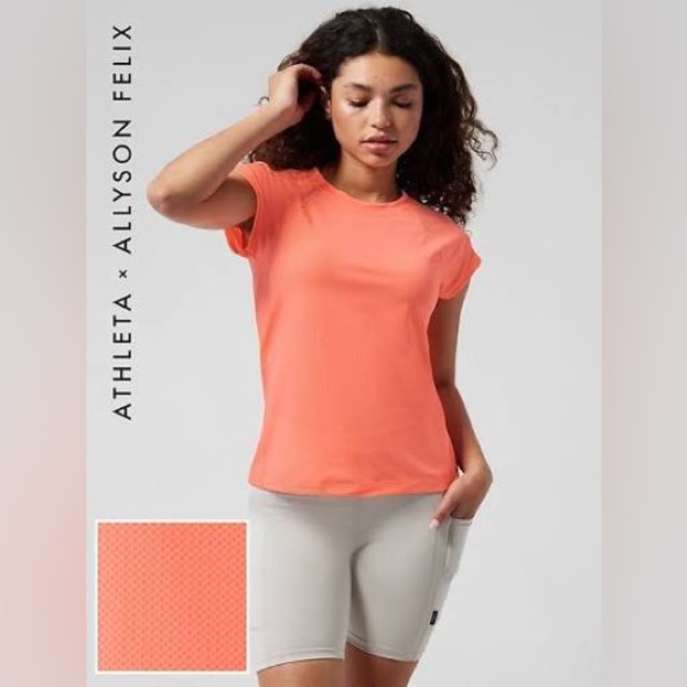 Athleta x Allyson Felix Legend Fitted Run Tee Sunset Glow Orange Pink XXS